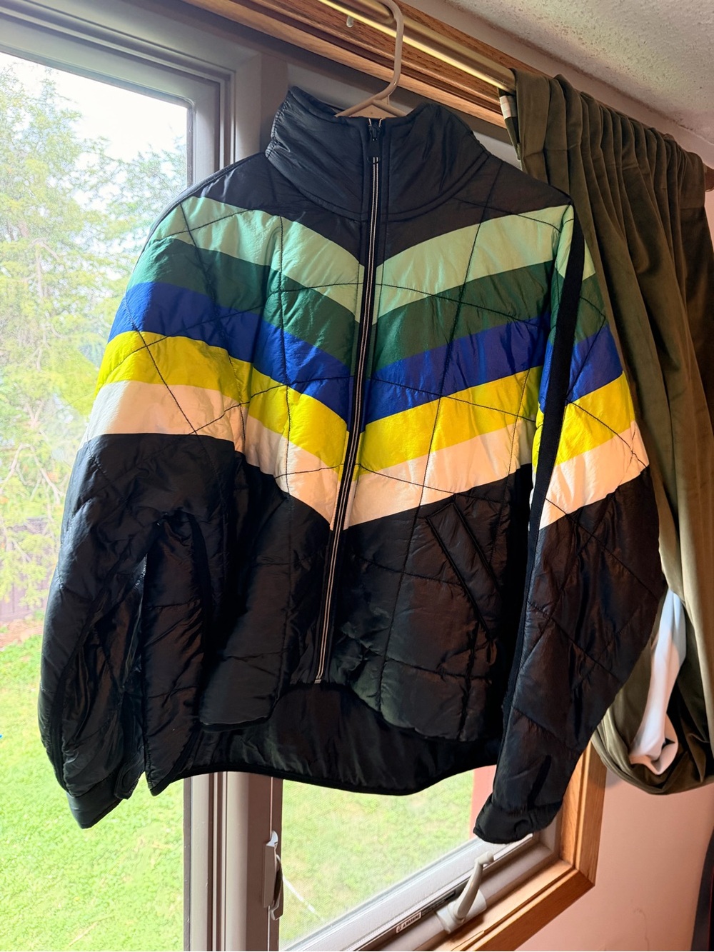 FP Movement by Free People Black Puffer Jacket with Multicolor Chevron Stripes